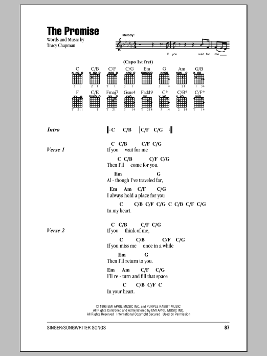 Tracy Chapman The Promise sheet music notes and chords. Download Printable PDF.