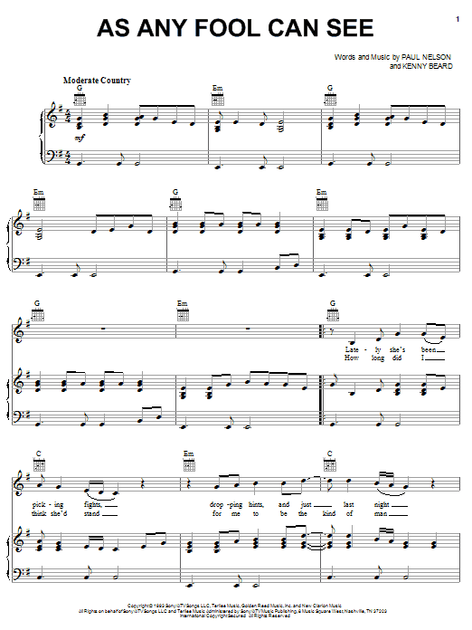 Learn to play Tracy Lawrence As Any Fool Can See sheet music for Piano, Vocal & Guitar Chords (Right-Hand Melody) in minutes. Price: 7.8900$ Tracy Lawrence As Any Fool Can See sheet music notes and chords arranged for Piano, Vocal & Guitar Chords (Right-Hand Melody)