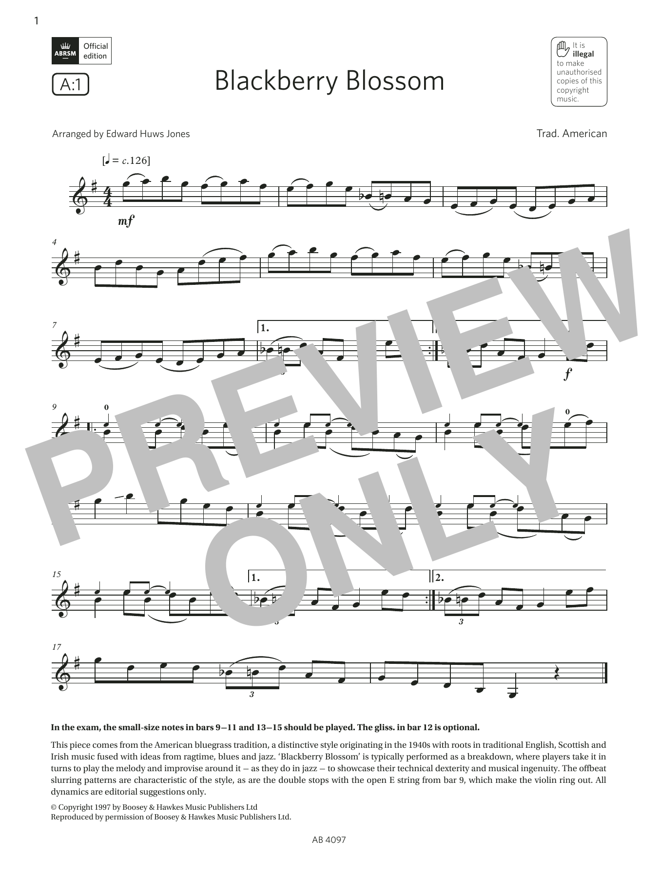Learn to play Trad. American Blackberry Blossom (Grade 3, A1, from the ABRSM Violin Syllabus from 2024) sheet music for Violin Solo in minutes. Price: 5.9900$ Trad. American Blackberry Blossom (Grade 3, A1, from the ABRSM Violin Syllabus from 2024) sheet music notes and chords arranged for Violin Solo