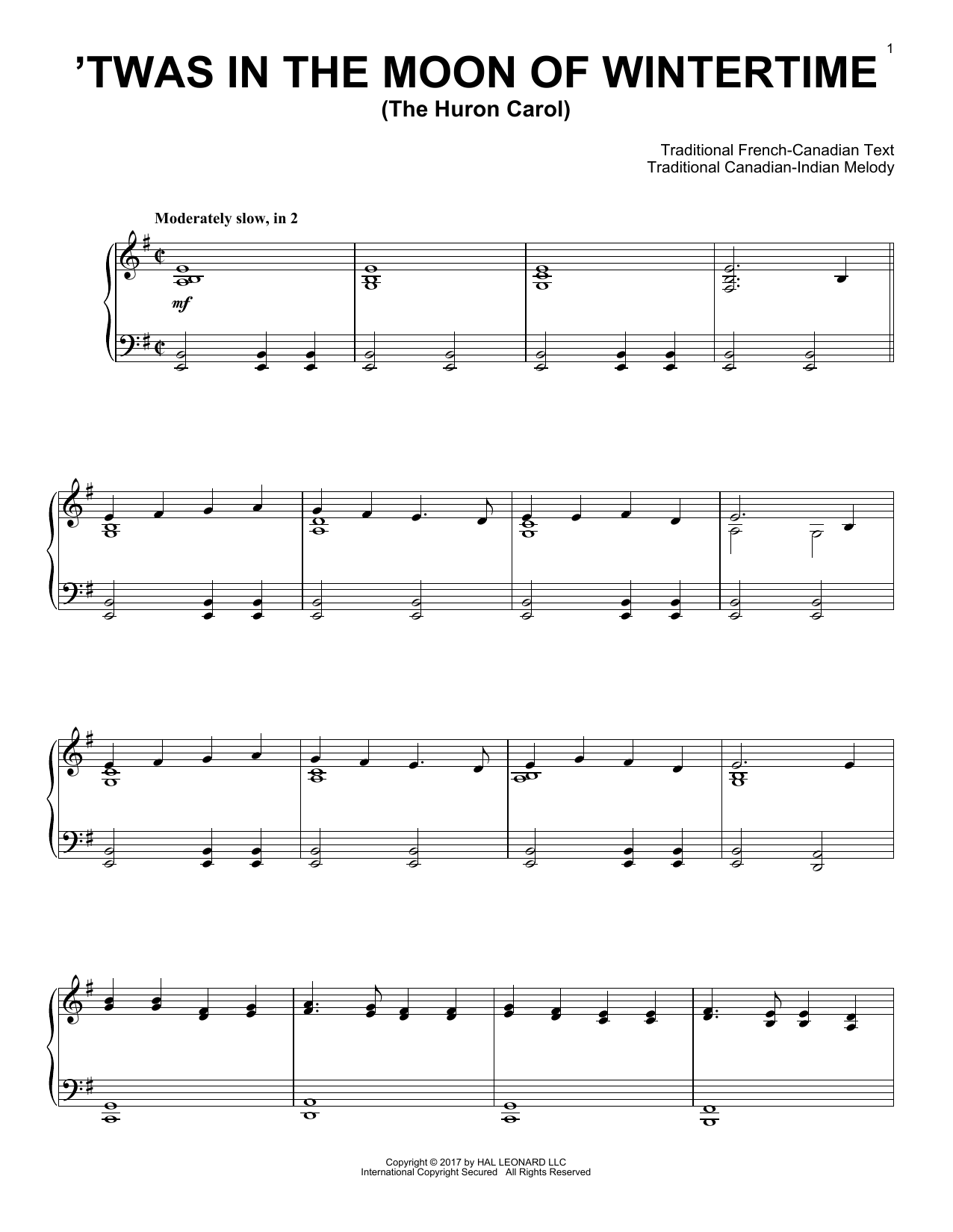 Traditional The Huron Carol ('Twas In The Moon Of Wintertime) sheet music notes and chords. Download Printable PDF.