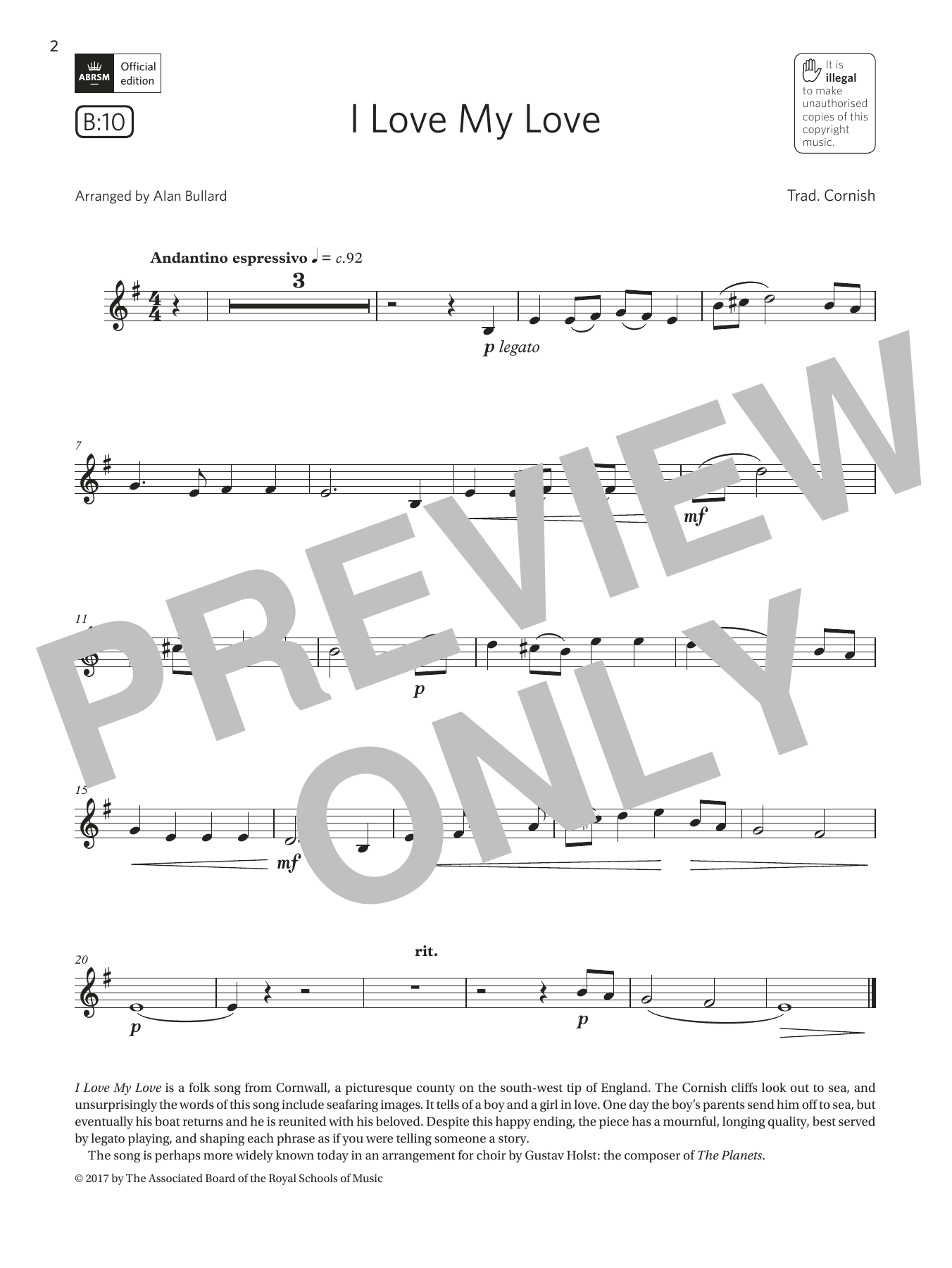 Learn to play Trad. Cornish I Love My Love (Grade 2 List B10 from the ABRSM Clarinet syllabus from 2022) sheet music for Clarinet Solo in minutes. Price: 5.9900$ Trad. Cornish I Love My Love (Grade 2 List B10 from the ABRSM Clarinet syllabus from 2022) sheet music notes and chords arranged for Clarinet Solo