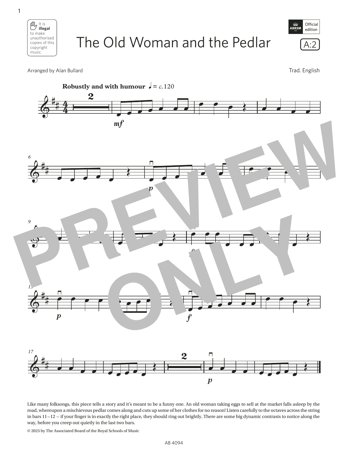 Learn to play Trad. English The Old Woman and the Pedlar (Grade Initial, A2, from the ABRSM Violin Syllabus from 2024) sheet music for Violin Solo in minutes. Price: 3.9900$ Trad. English The Old Woman and the Pedlar (Grade Initial, A2, from the ABRSM Violin Syllabus from 2024) sheet music notes and chords arranged for Violin Solo