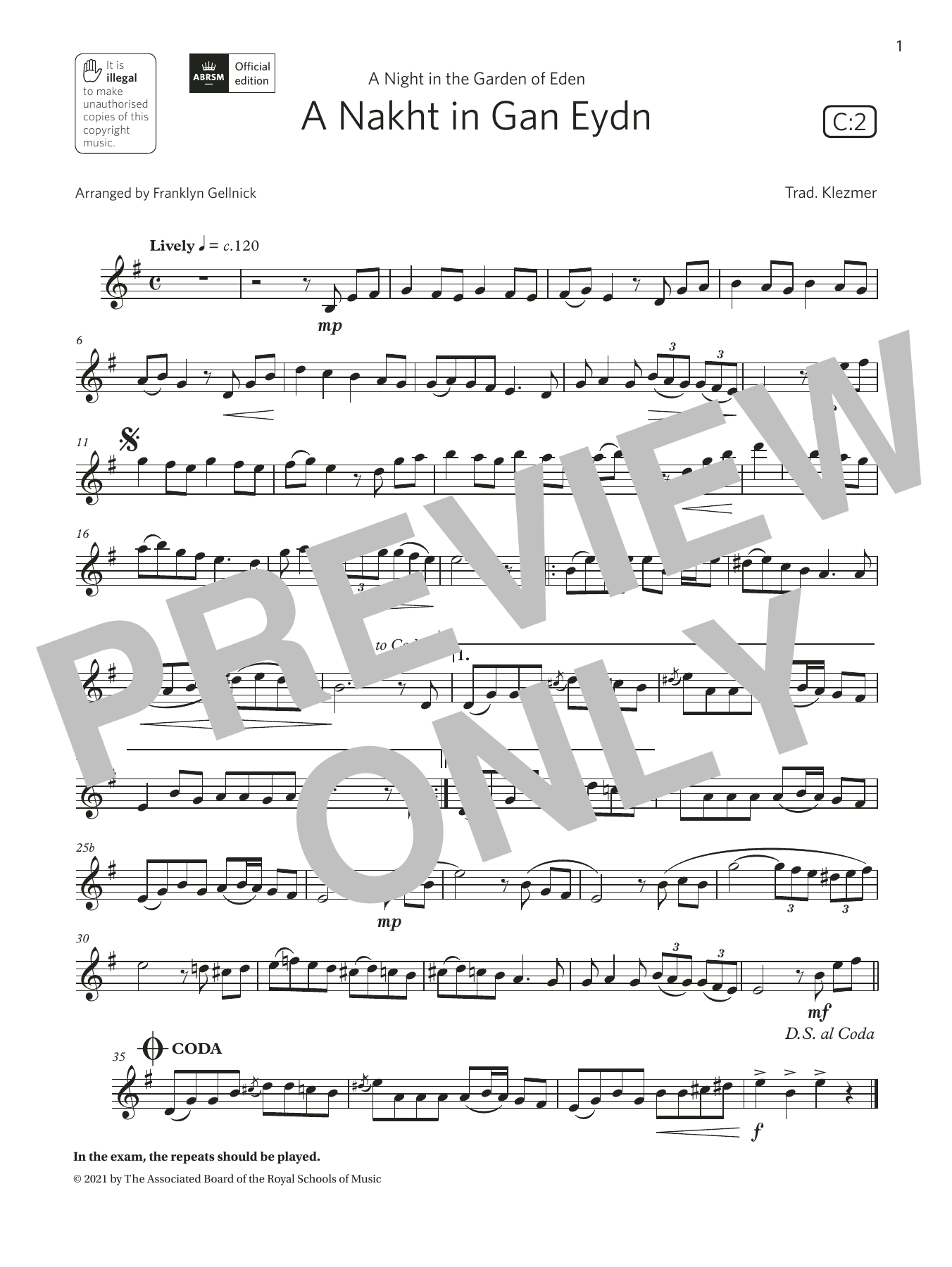 Trad. Klezmer A Nakht in Gan Eydn (Grade 4 List C2 from the ABRSM Clarinet syllabus from 2022) sheet music notes and chords. Download Printable PDF.