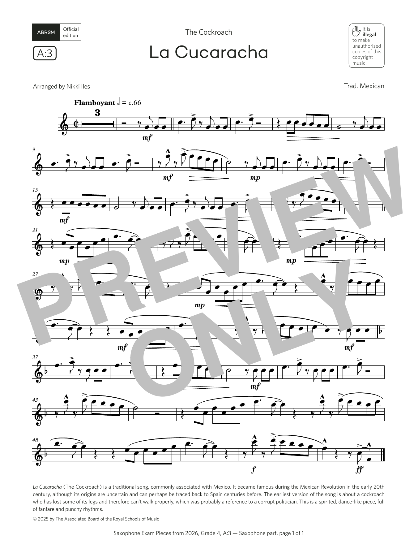 Learn to play Trad. Mexican La Cucaracha (Grade 4, list A3, from the ABRSM Saxophone Syllabus from 2026) sheet music for Alto Sax Solo in minutes. Price: 5.9900$ Trad. Mexican La Cucaracha (Grade 4, list A3, from the ABRSM Saxophone Syllabus from 2026) sheet music notes and chords arranged for Alto Sax Solo