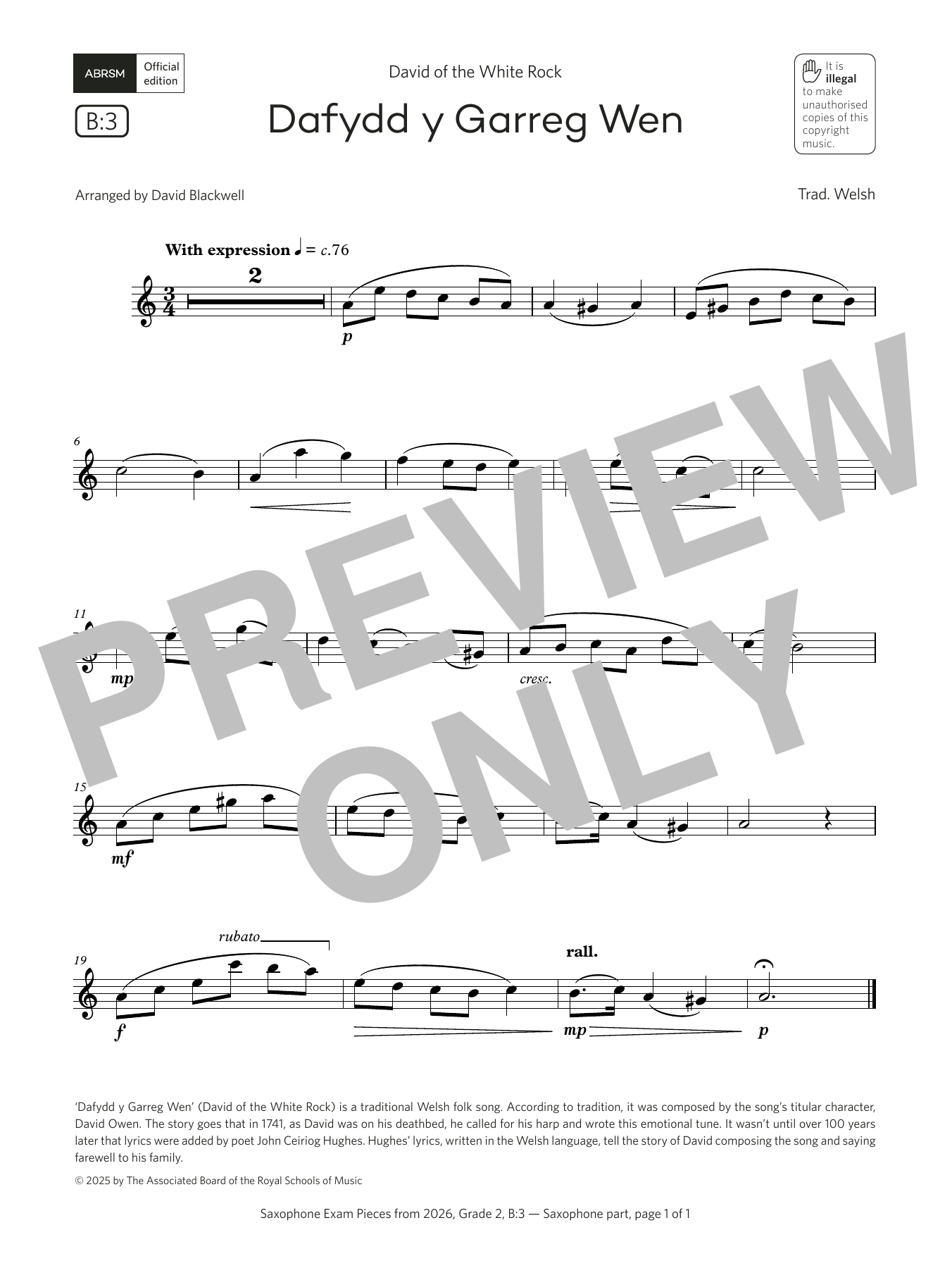 Learn to play Trad. Welsh Dafydd y Garreg Wen (Grade 2, list B3, from the ABRSM Saxophone Syllabus from 2026) sheet music for Alto Sax Solo in minutes. Price: 5.9900$ Trad. Welsh Dafydd y Garreg Wen (Grade 2, list B3, from the ABRSM Saxophone Syllabus from 2026) sheet music notes and chords arranged for Alto Sax Solo