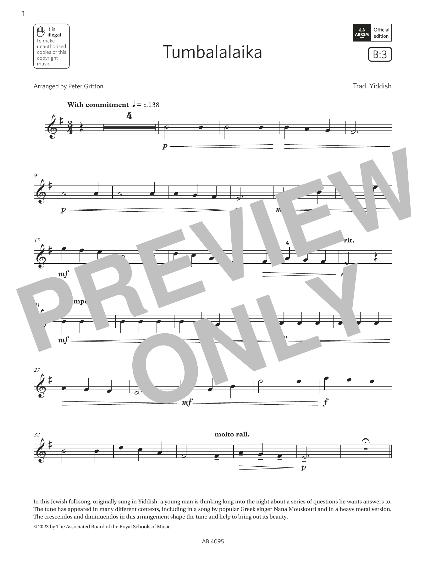 Trad. Yiddish Tumbalalaika (Grade 1, B3, from the ABRSM Violin Syllabus from 2024) sheet music notes and chords. Download Printable PDF.