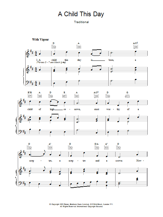 Learn to play Christmas Carol A Child This Day sheet music for Piano, Vocal & Guitar Chords in minutes. Price: 7.8900$ Christmas Carol A Child This Day sheet music notes and chords arranged for Piano, Vocal & Guitar Chords