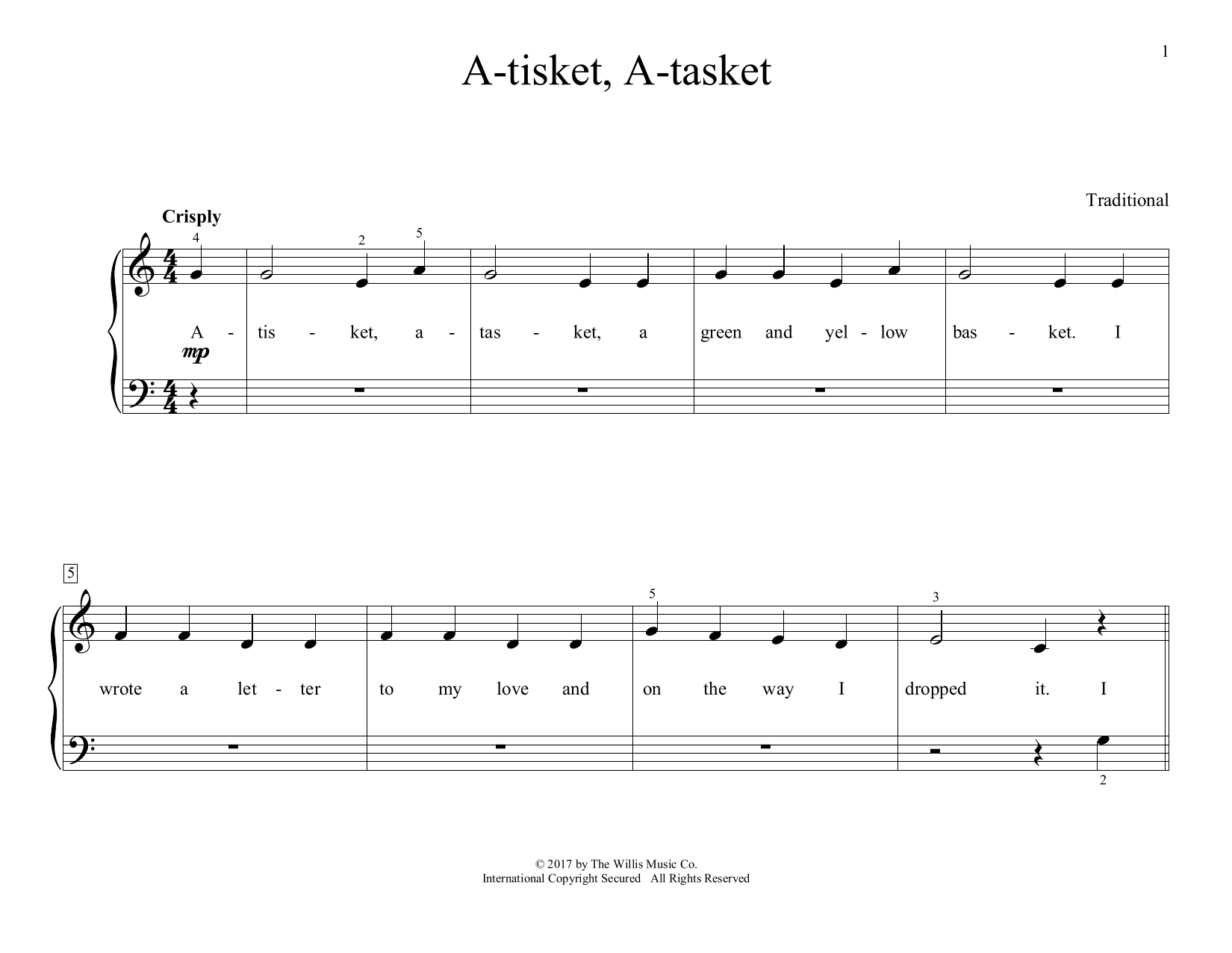 Learn to play Traditional A-tisket, A-tasket (arr. Christopher Hussey) sheet music for Educational Piano in minutes. Price: 6.9900$ Traditional A-tisket, A-tasket (arr. Christopher Hussey) sheet music notes and chords arranged for Educational Piano