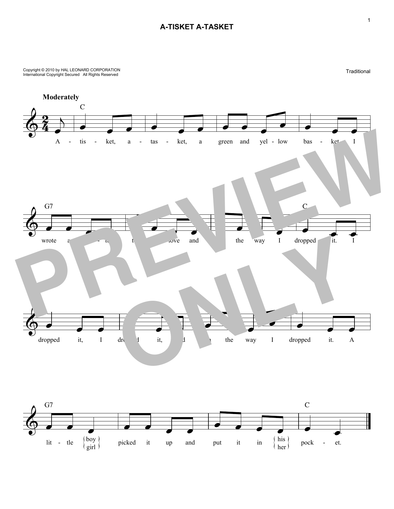 Traditional A-Tisket A-Tasket sheet music notes and chords. Download Printable PDF.