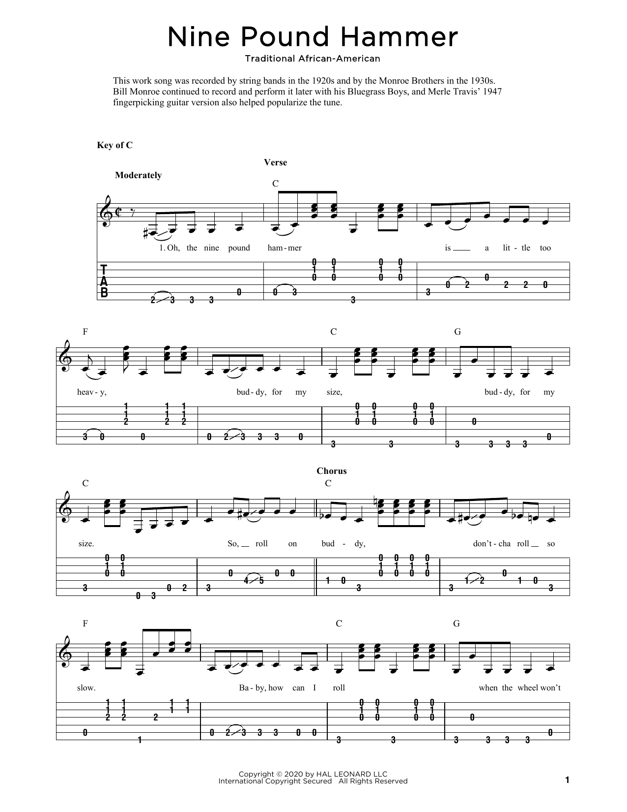 Traditional African-American Nine Pound Hammer (arr. Fred Sokolow) sheet music notes and chords. Download Printable PDF.