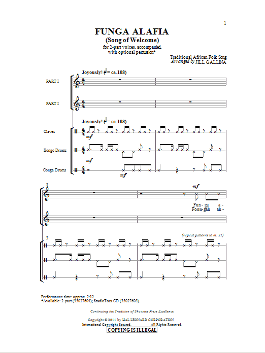 Traditional African Folk Song Funga Alafia (arr. Jill Gallina) sheet music notes and chords. Download Printable PDF.