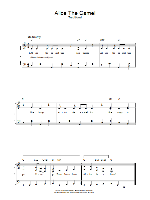 Learn to play Traditional Alice The Camel sheet music for Lead Sheet / Fake Book in minutes. Price: 5.9900$ Traditional Alice The Camel sheet music notes and chords arranged for Lead Sheet / Fake Book