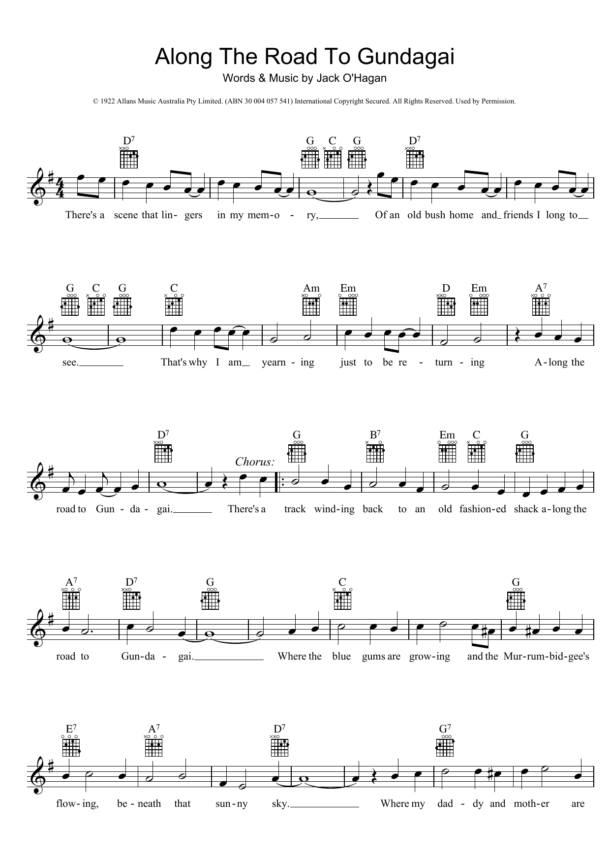 Traditional Along The Road To Gundagai sheet music notes and chords. Download Printable PDF.