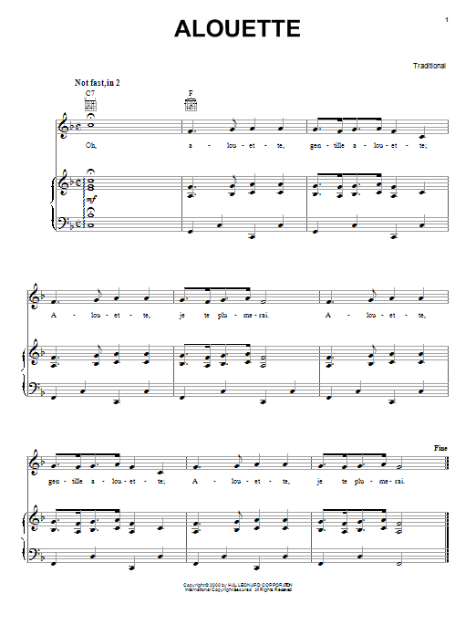 Traditional Alouette sheet music notes and chords. Download Printable PDF.