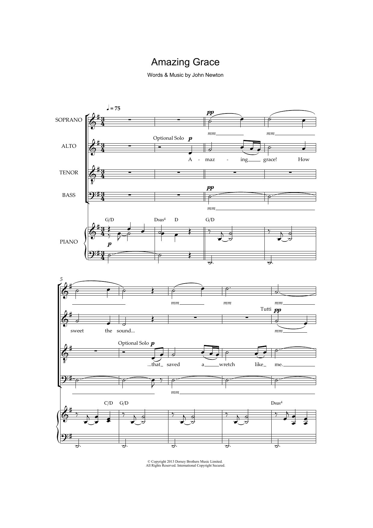 Traditional Amazing Grace sheet music notes and chords. Download Printable PDF.