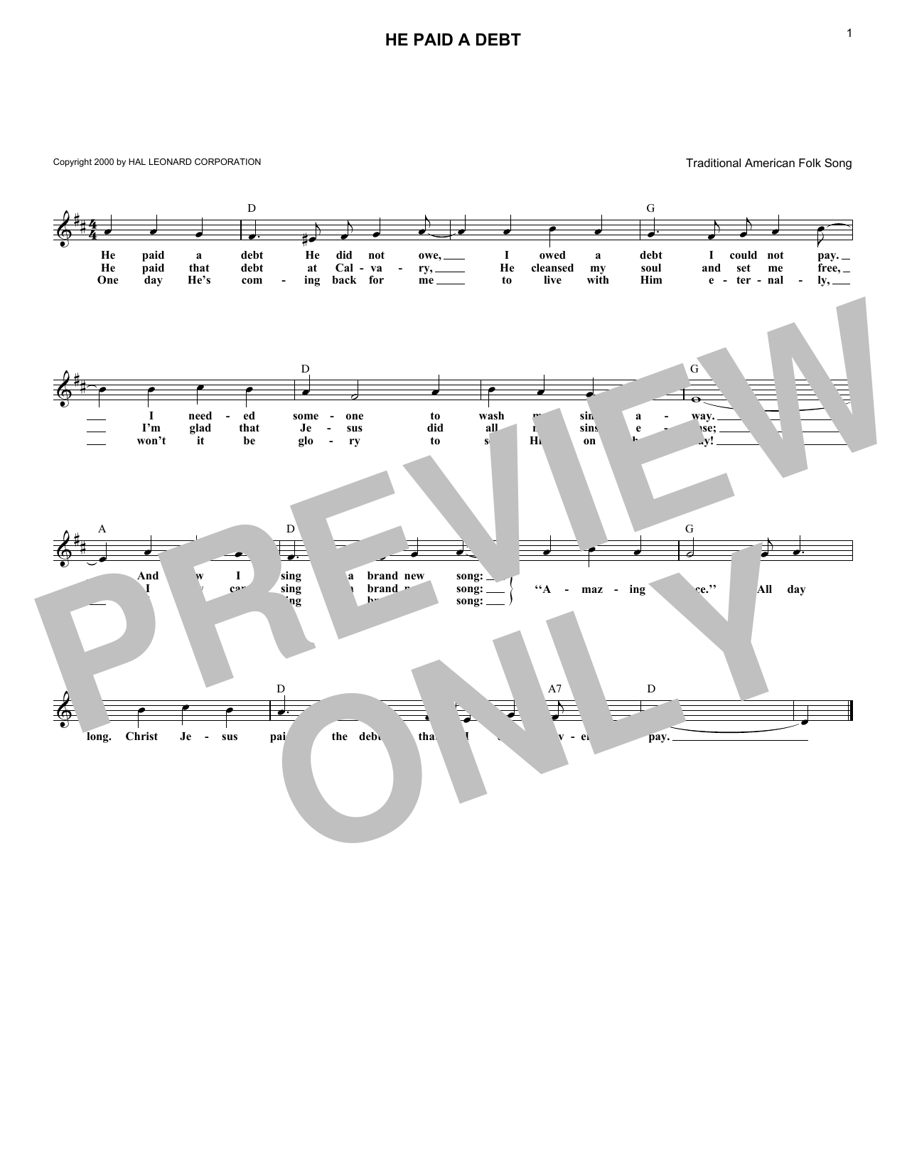 Traditional American Folk Song He Paid A Debt sheet music notes and chords. Download Printable PDF.