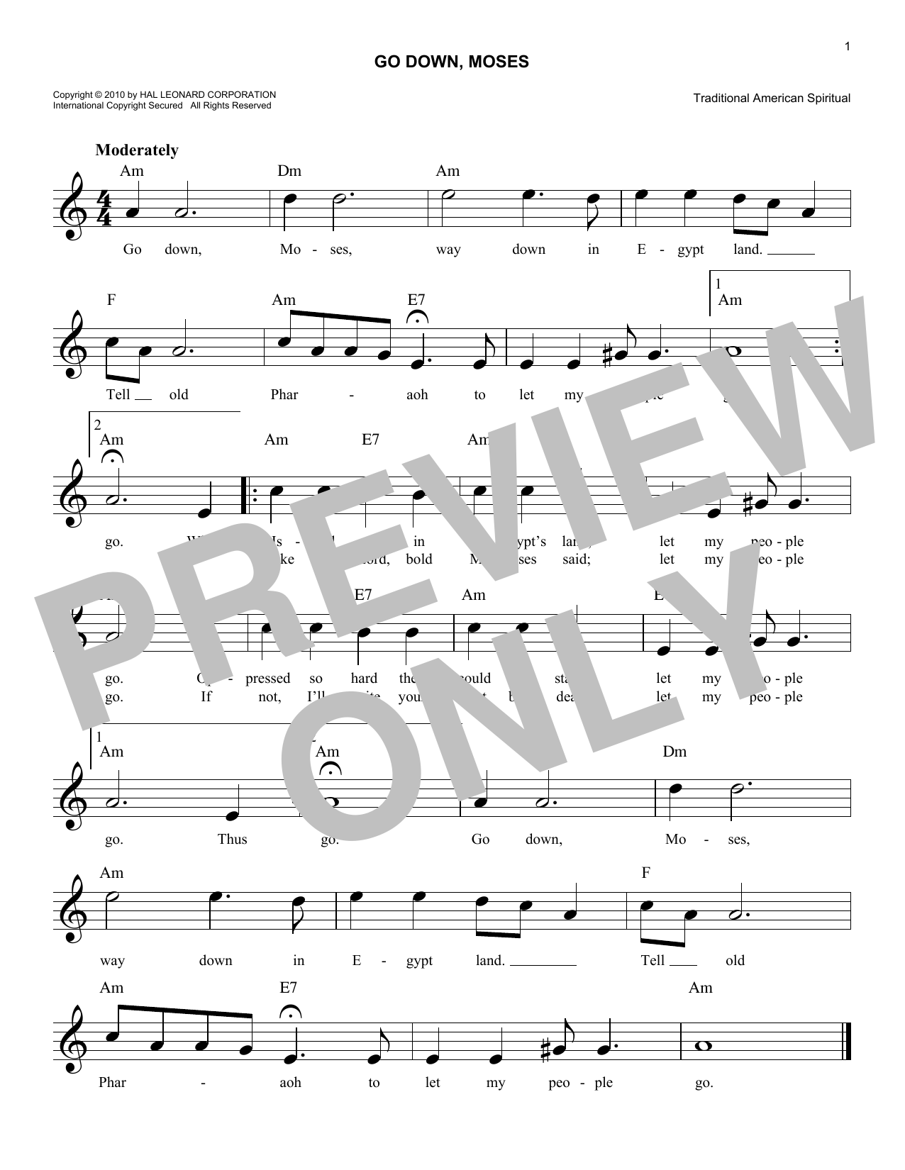 African-American Spiritual Go Down, Moses sheet music notes and chords. Download Printable PDF.