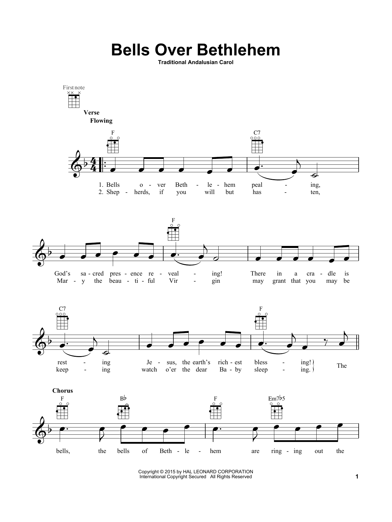 Learn to play Traditional Andalusian Carol Bells Over Bethlehem sheet music for Ukulele in minutes. Price: 5.9900$ Traditional Andalusian Carol Bells Over Bethlehem sheet music notes and chords arranged for Ukulele