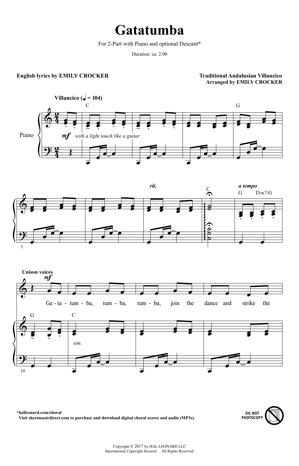 Traditional Andalusian Villancico Gatatumba (arr. Emily Crocker) sheet music notes and chords. Download Printable PDF.