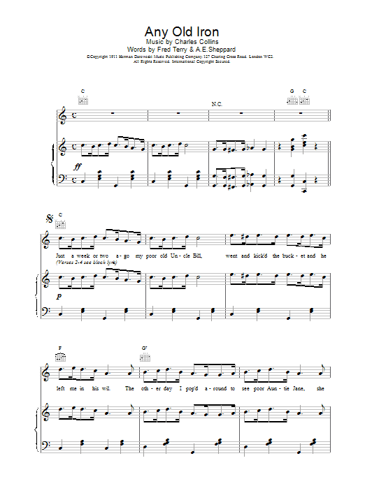 Traditional Any Old Iron sheet music notes and chords arranged for Piano, Vocal & Guitar Chords