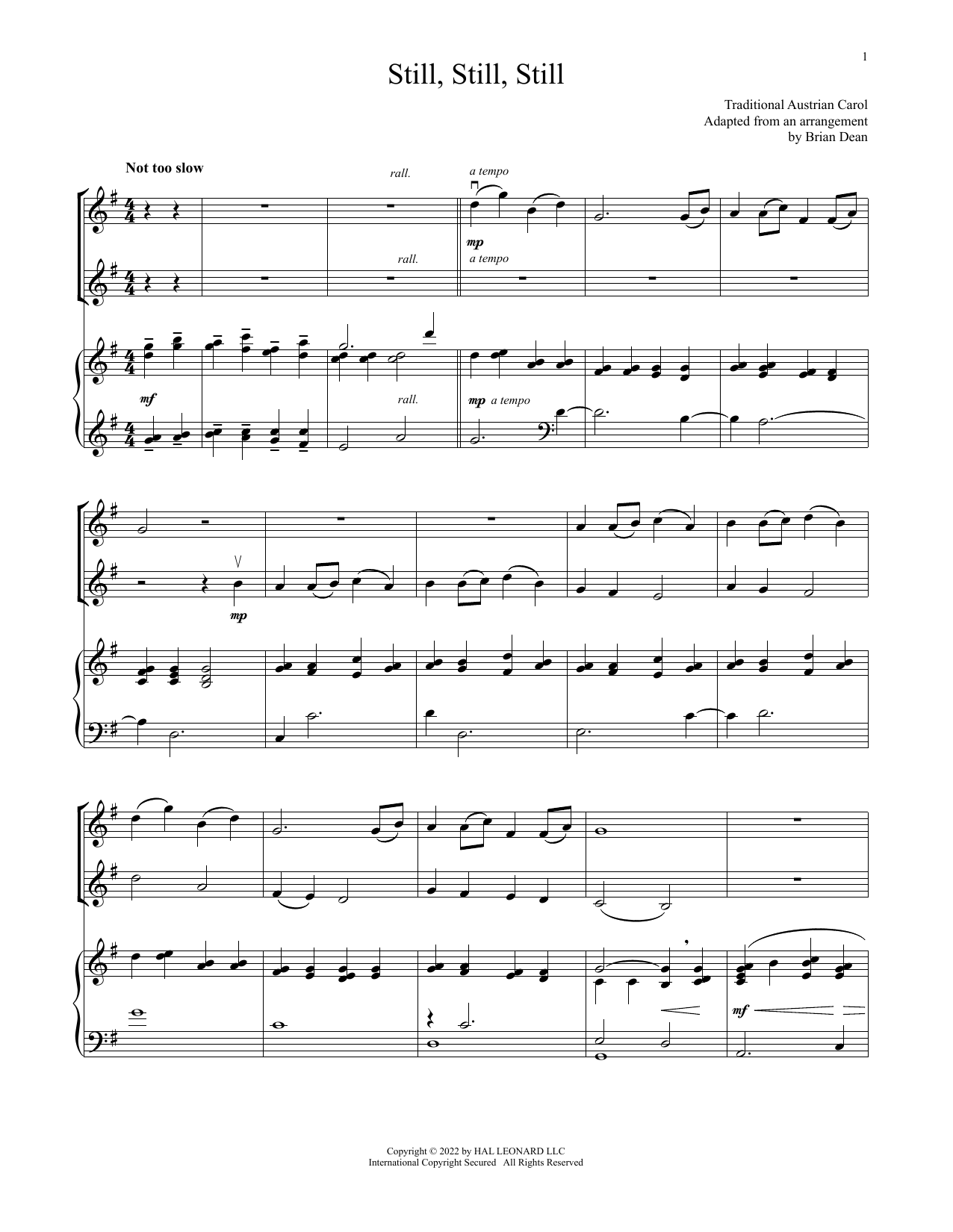 Traditional Austrian Text Still, Still, Still (for Violin Duet and Piano) sheet music notes and chords. Download Printable PDF.