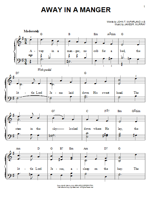 Christmas Carol Away In A Manger sheet music notes and chords arranged for Easy Piano