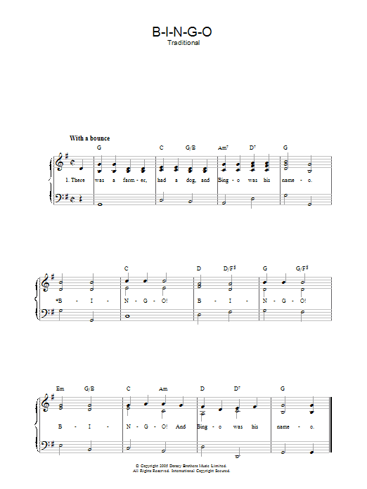 Learn to play Traditional B-I-N-G-O sheet music for Piano, Vocal & Guitar Chords in minutes. Price: 7.8900$ Traditional B-I-N-G-O sheet music notes and chords arranged for Piano, Vocal & Guitar Chords