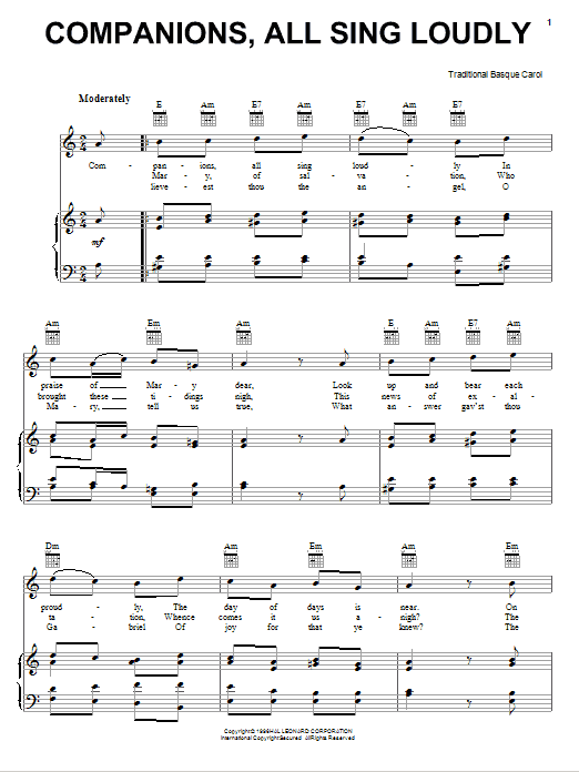 Learn to play Traditional Carol Companions, All Sing Loudly sheet music for Piano, Vocal & Guitar Chords (Right-Hand Melody) in minutes. Price: 7.8900$ Traditional Carol Companions, All Sing Loudly sheet music notes and chords arranged for Piano, Vocal & Guitar Chords (Right-Hand Melody)