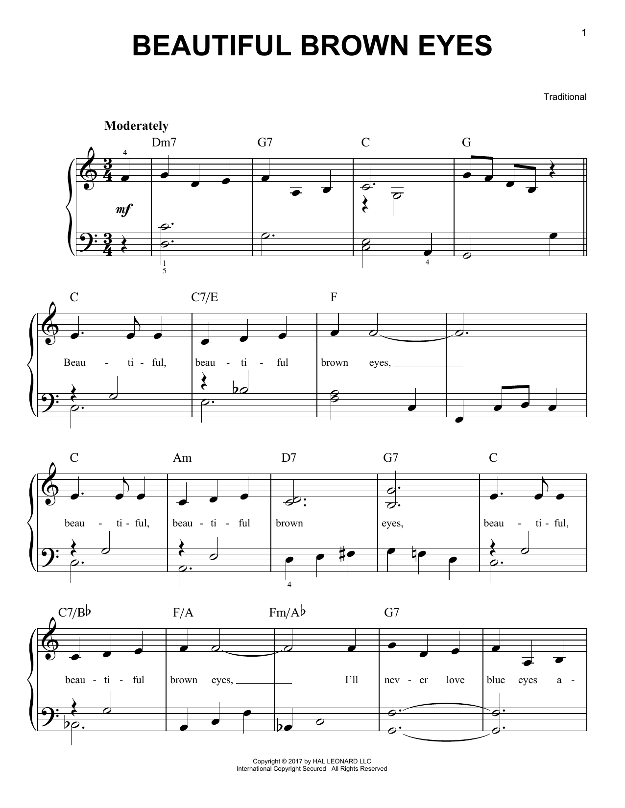 Traditional Beautiful Brown Eyes sheet music notes and chords. Download Printable PDF.