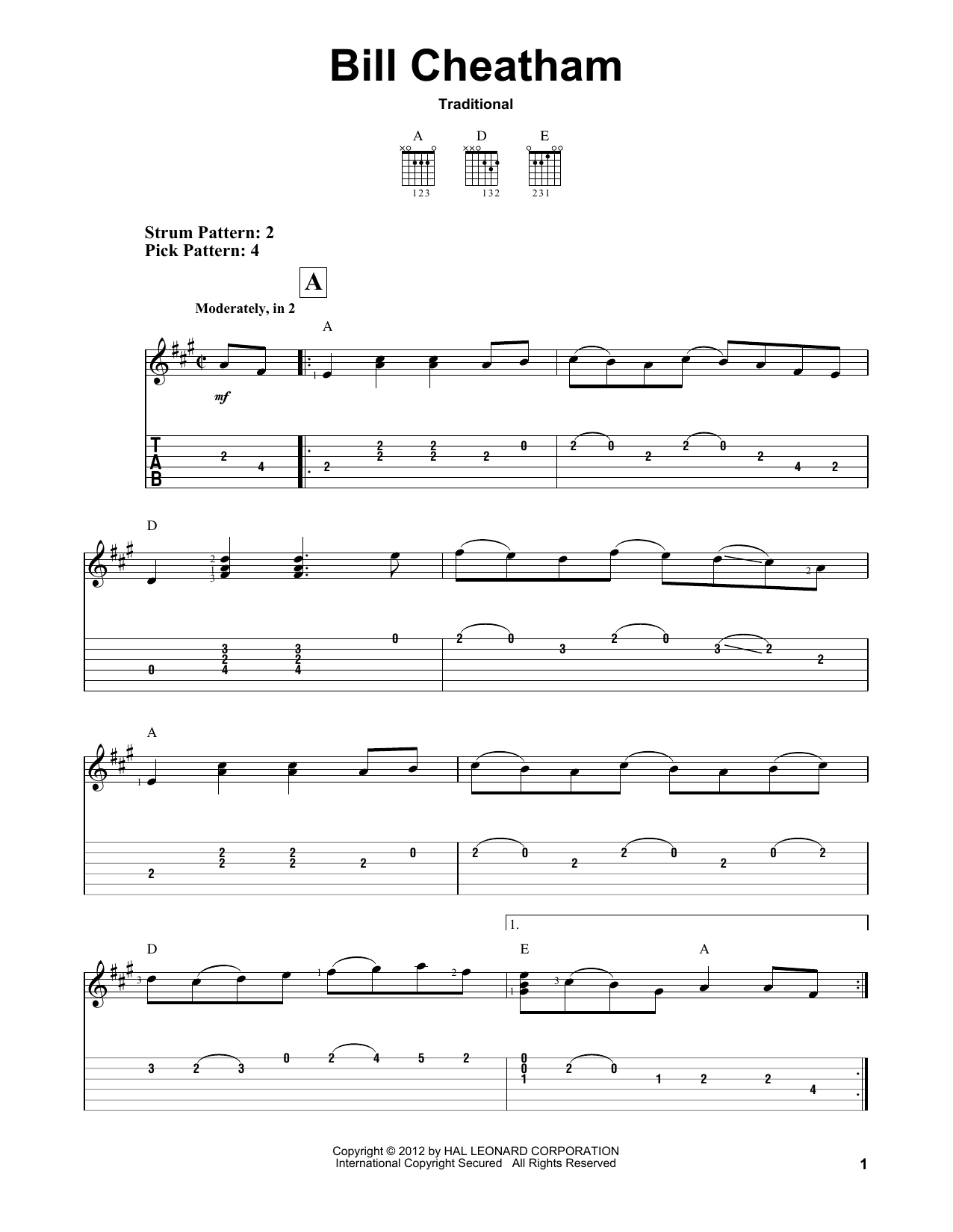 Traditional Bill Cheatham sheet music notes and chords. Download Printable PDF.