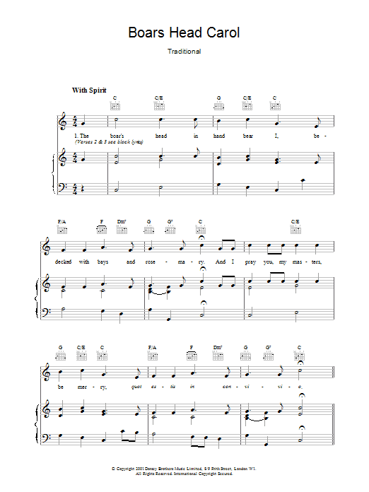 Learn to play Christmas Carol The Boar's Head Carol sheet music for Piano, Vocal & Guitar Chords in minutes. Price: 7.8900$ Christmas Carol The Boar's Head Carol sheet music notes and chords arranged for Piano, Vocal & Guitar Chords