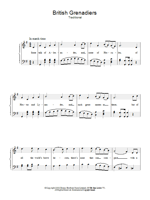 Learn to play Traditional British Grenadiers sheet music for Piano, Vocal & Guitar Chords in minutes. Price: 7.8900$ Traditional British Grenadiers sheet music notes and chords arranged for Piano, Vocal & Guitar Chords