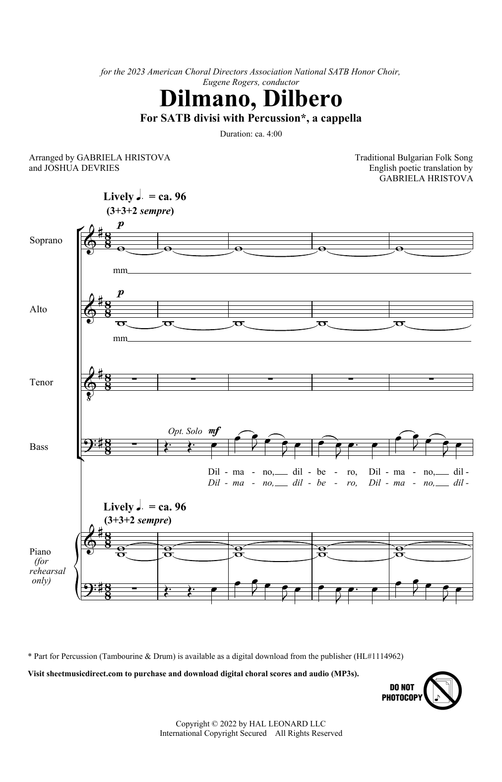 Traditional Bulgarian Folk Song Dilmano, Dilbero (arr. Gabriela Hristova & Joshua DeVries) sheet music notes and chords arranged for Choir