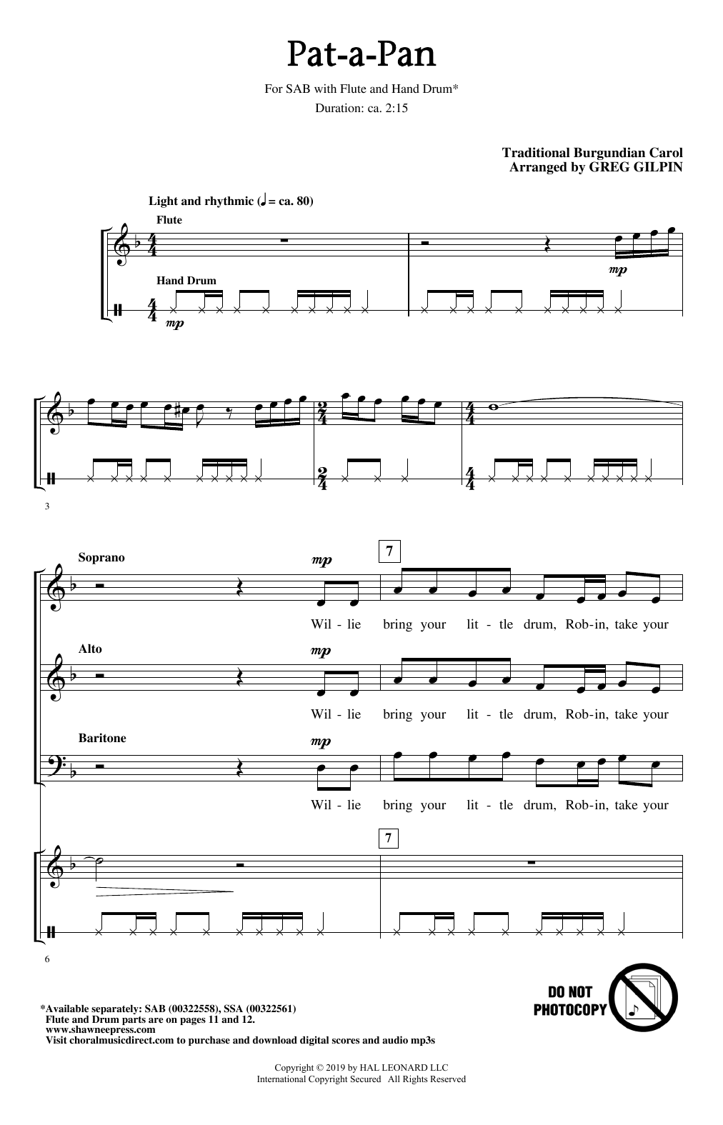 Traditional Burgundian Carol Pat-A-Pan (arr. Greg Gilpin) sheet music notes and chords. Download Printable PDF.