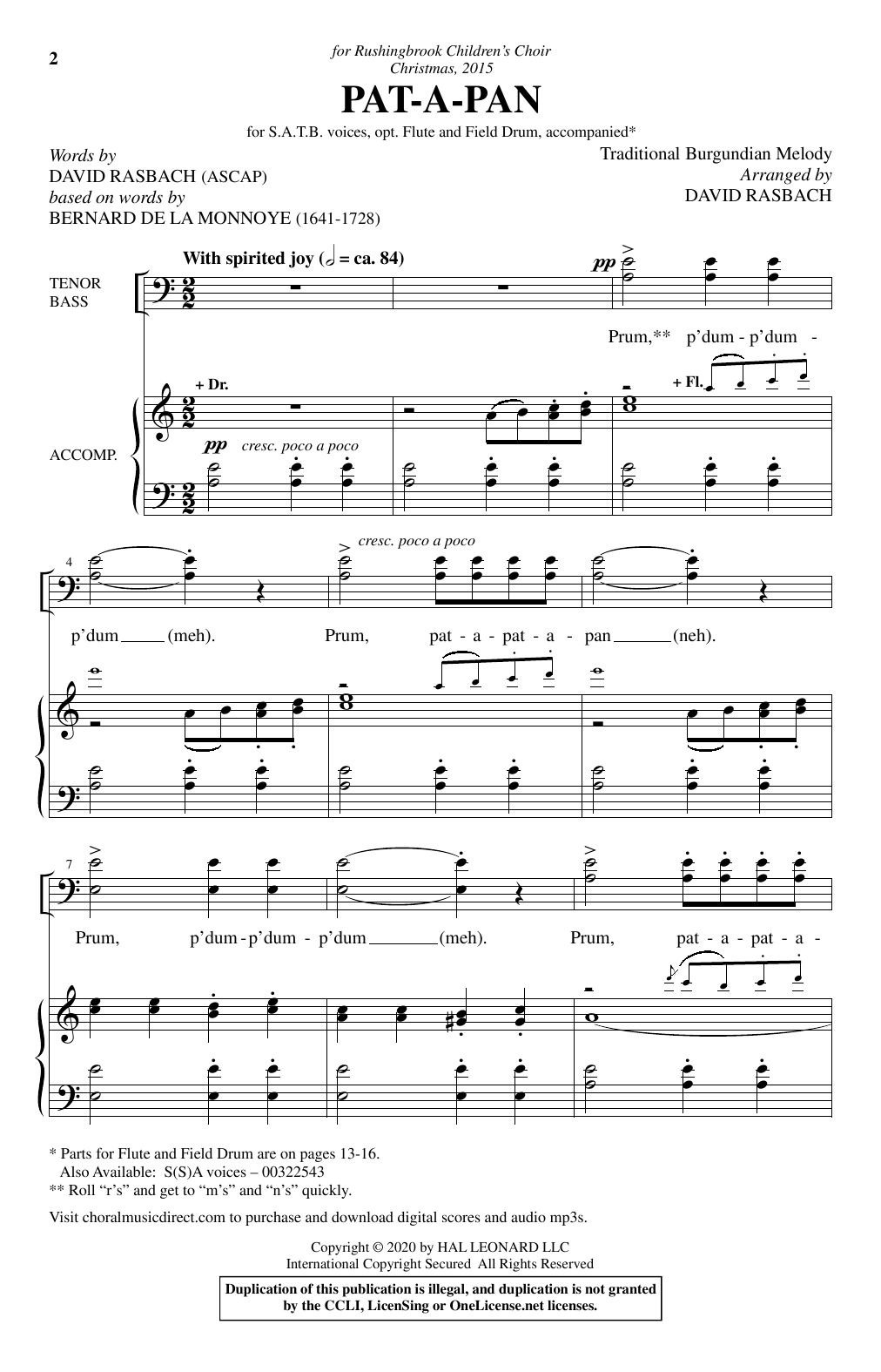 Traditional Burgundian Melody Pat-A-Pan (arr. David Rasbach) sheet music notes and chords. Download Printable PDF.