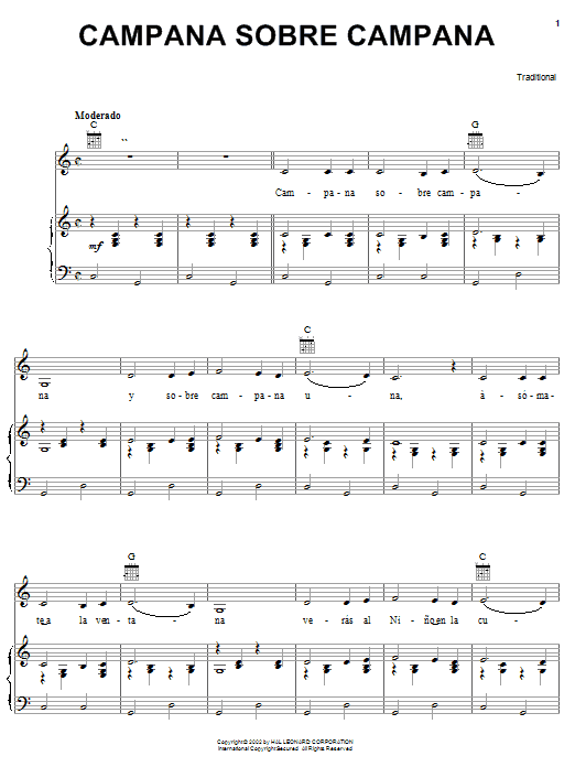 Traditional Carol Campana Sobre Campana sheet music notes and chords. Download Printable PDF.