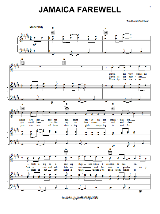 Learn to play Traditional Caribbean Jamaica Farewell sheet music for Piano, Vocal & Guitar Chords (Right-Hand Melody) in minutes. Price: 7.8900$ Traditional Caribbean Jamaica Farewell sheet music notes and chords arranged for Piano, Vocal & Guitar Chords (Right-Hand Melody)
