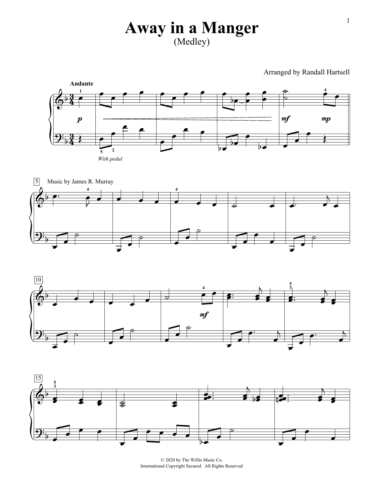 Learn to play Traditional Carol Away In A Manger (Medley) (arr. Randall Hartsell) sheet music for Educational Piano in minutes. Price: 6.9900$ Traditional Carol Away In A Manger (Medley) (arr. Randall Hartsell) sheet music notes and chords arranged for Educational Piano