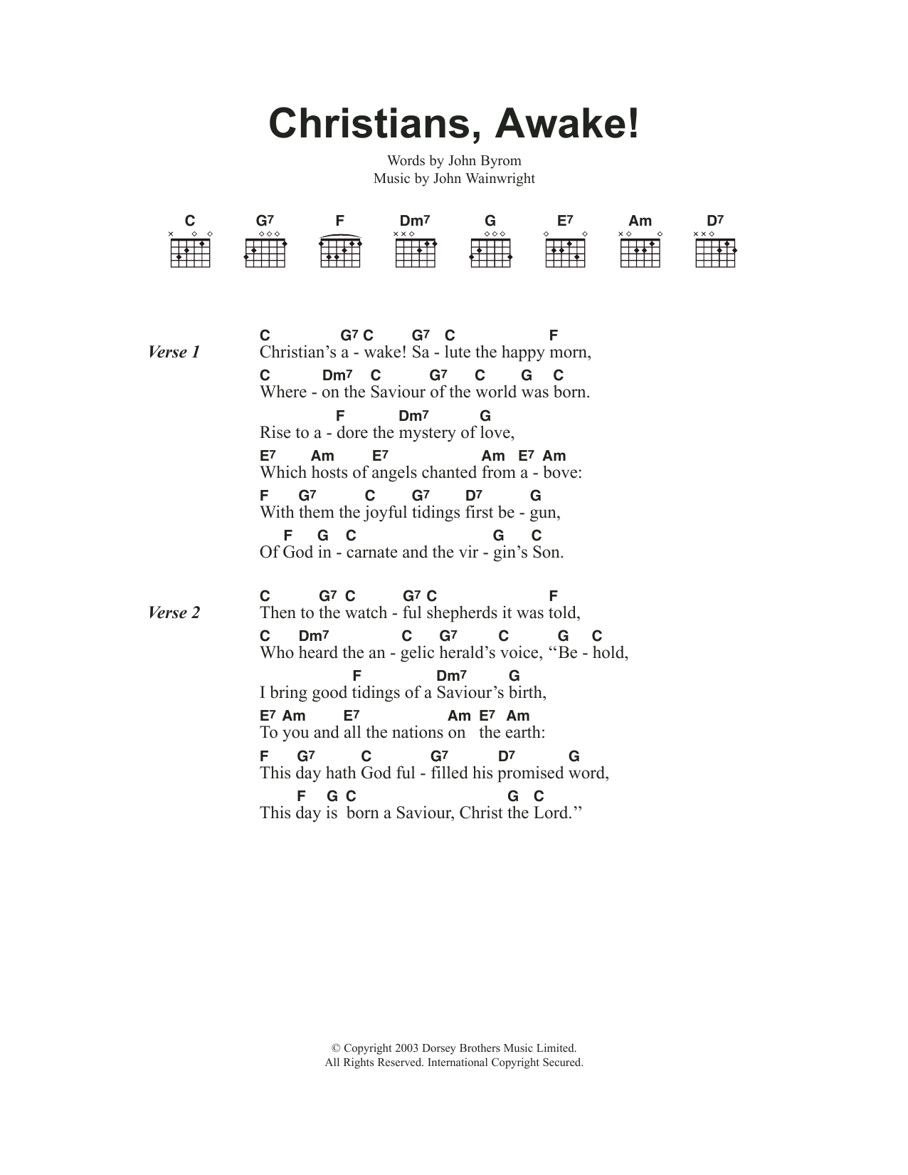 Traditional Carol Christians Awake sheet music notes and chords. Download Printable PDF.