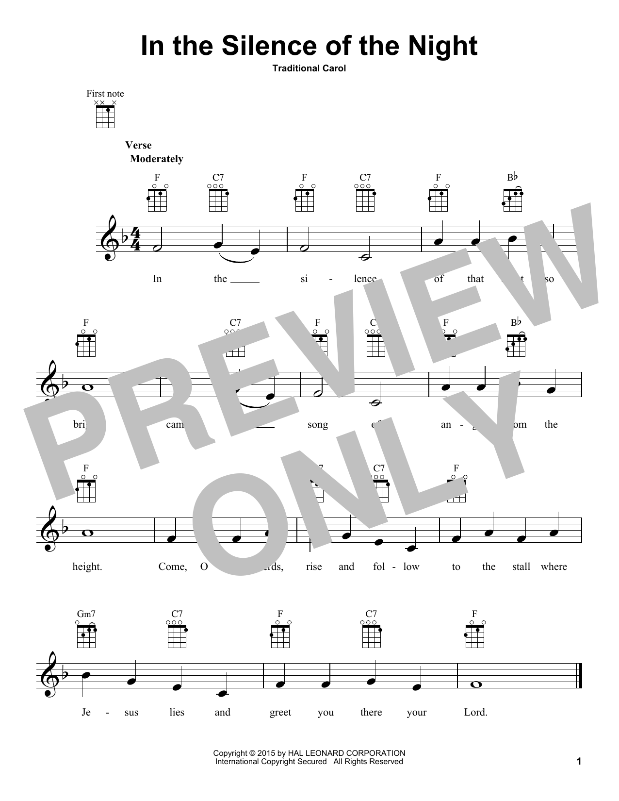Learn to play Traditional Carol In The Silence Of The Night sheet music for Ukulele in minutes. Price: 5.9900$ Traditional Carol In The Silence Of The Night sheet music notes and chords arranged for Ukulele