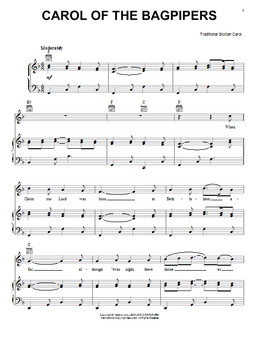 Learn to play Traditional Carol Of The Bagpipers sheet music for Piano, Vocal & Guitar Chords (Right-Hand Melody) in minutes. Price: 7.8900$ Traditional Carol Of The Bagpipers sheet music notes and chords arranged for Piano, Vocal & Guitar Chords (Right-Hand Melody)