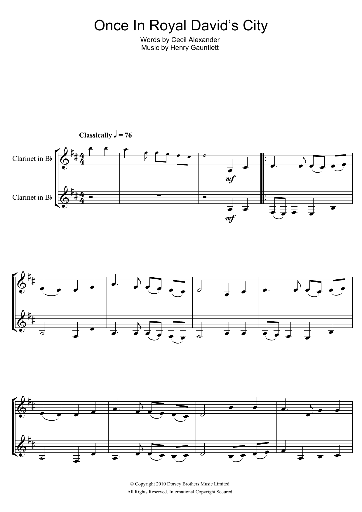 Christmas Carol Once In Royal David's City sheet music notes and chords arranged for Clarinet Duet