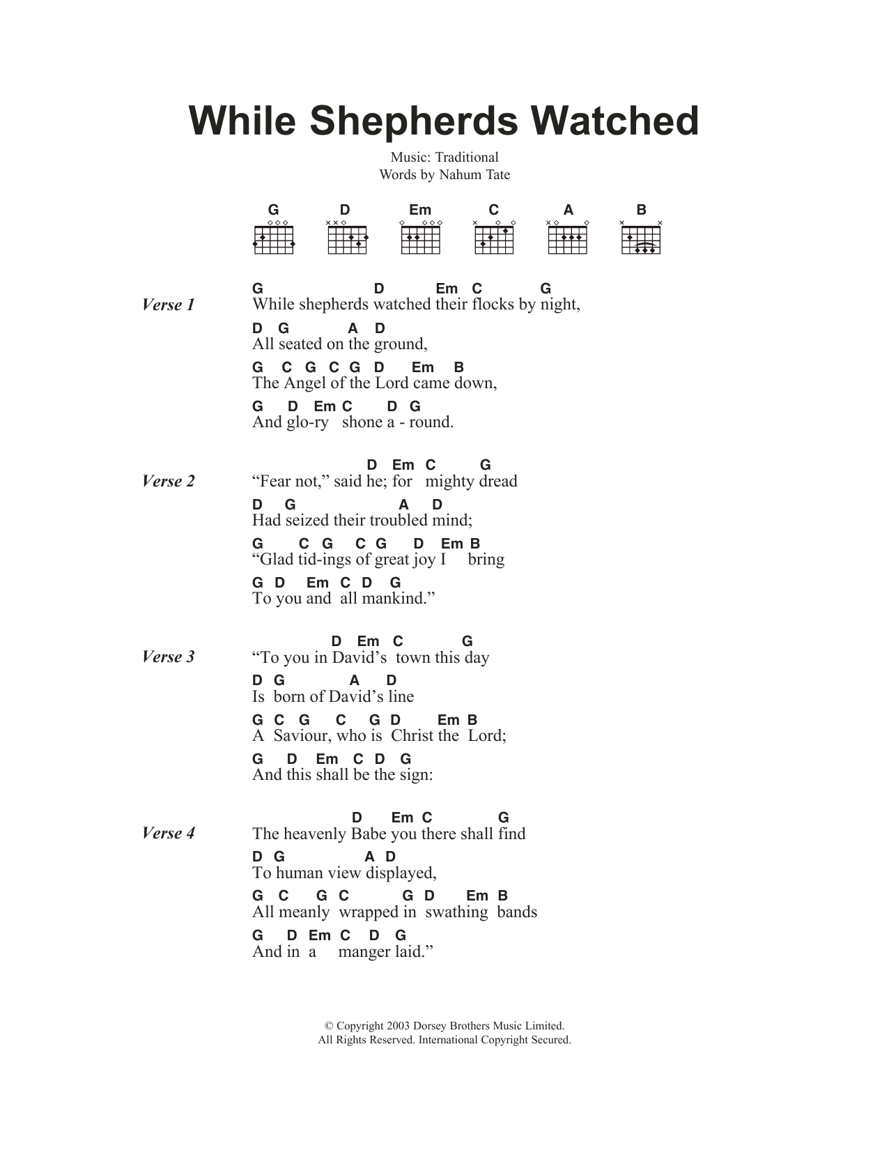 Christmas Carol While Shepherds Watched Their Flocks sheet music notes and chords. Download Printable PDF.