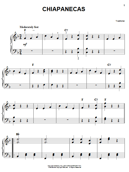 Traditional Chiapanecas sheet music notes and chords arranged for Piano, Vocal & Guitar Chords (Right-Hand Melody)