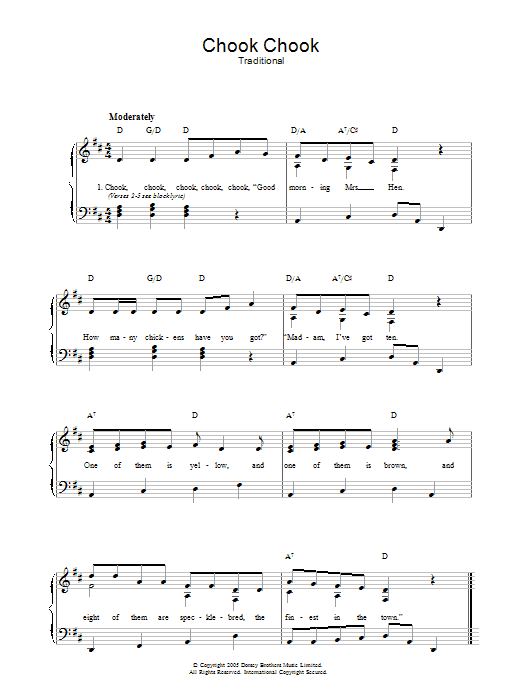 Learn to play Traditional Chook Chook sheet music for Piano, Vocal & Guitar Chords in minutes. Price: 7.8900$ Traditional Chook Chook sheet music notes and chords arranged for Piano, Vocal & Guitar Chords