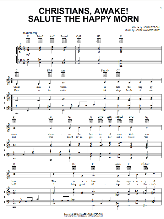 Learn to play Traditional Carol Christians, Awake! Salute The Happy Morn sheet music for Piano, Vocal & Guitar Chords (Right-Hand Melody) in minutes. Price: 7.8900$ Traditional Carol Christians, Awake! Salute The Happy Morn sheet music notes and chords arranged for Piano, Vocal & Guitar Chords (Right-Hand Melody)