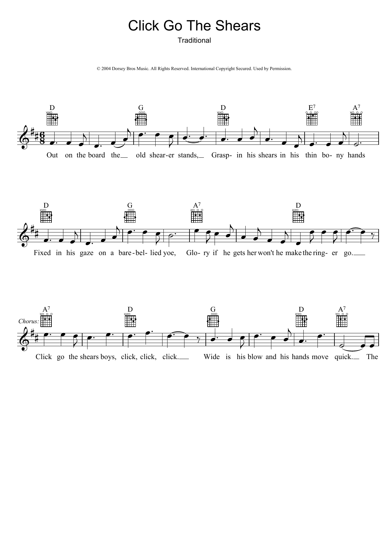 Learn to play Traditional Click Go The Shears sheet music for Lead Sheet / Fake Book in minutes. Price: 5.9900$ Traditional Click Go The Shears sheet music notes and chords arranged for Lead Sheet / Fake Book
