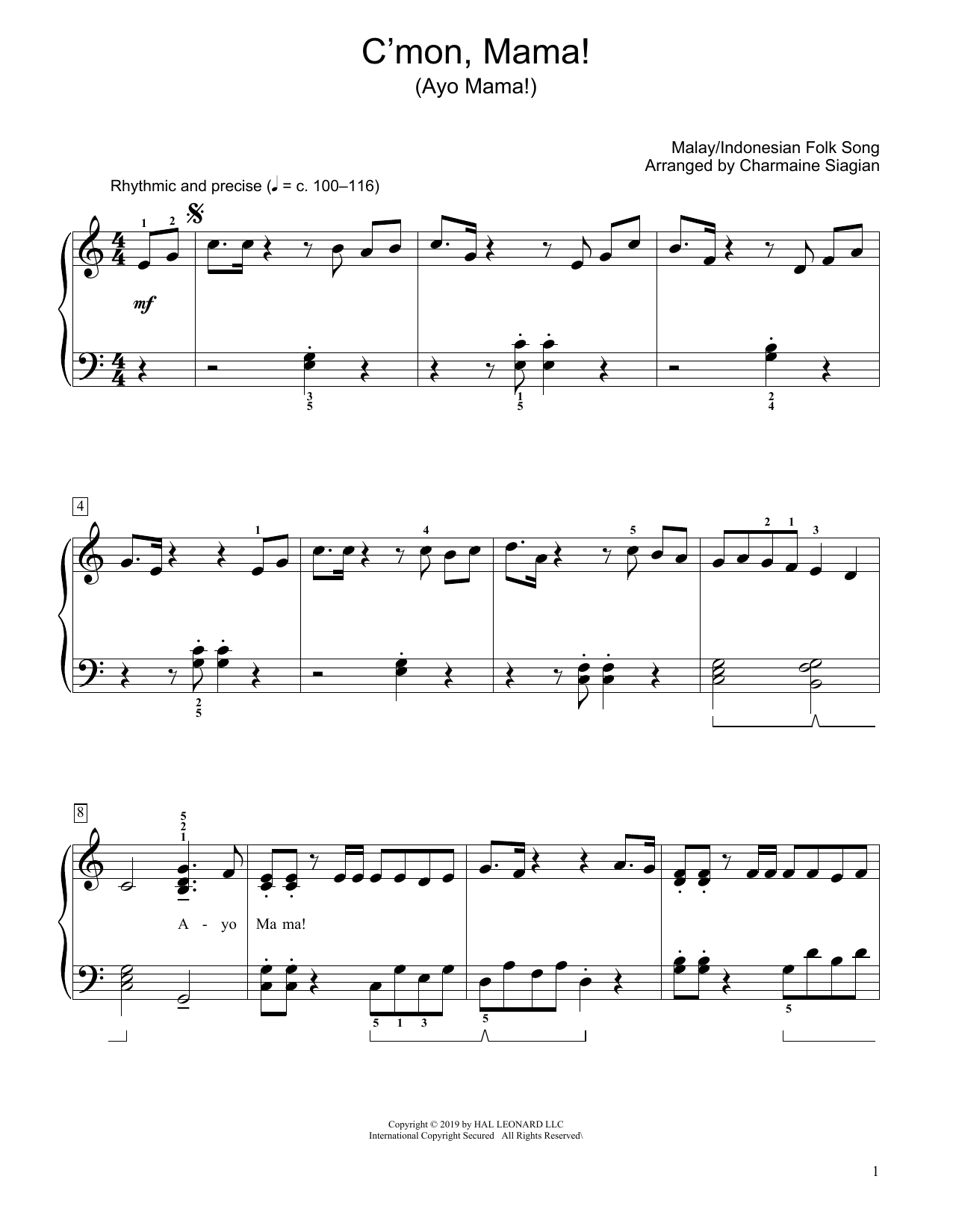 Traditional C'Mon, Mama! (Ayo Mama!) (arr. Charmaine Siagian) sheet music notes and chords. Download Printable PDF.