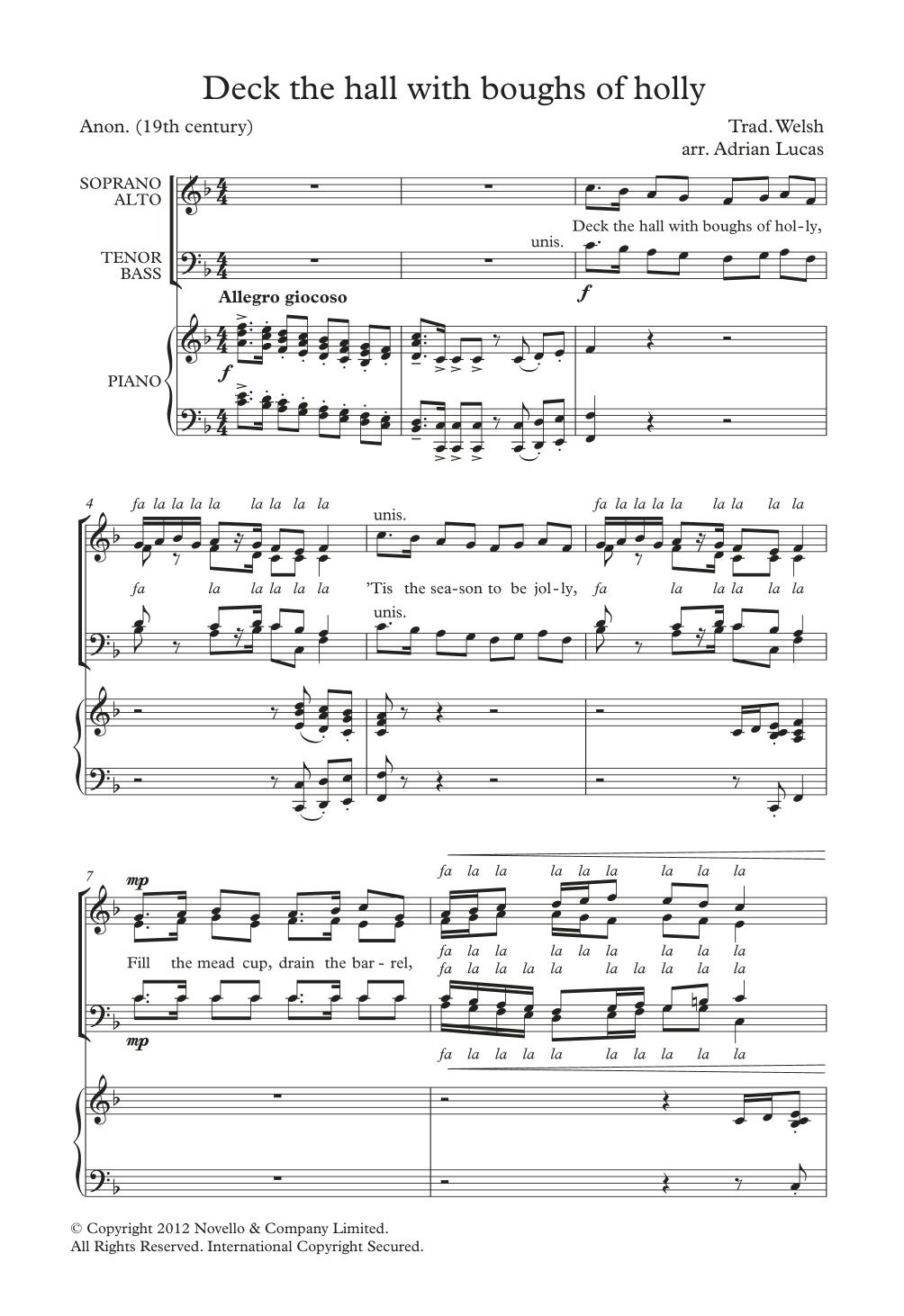 Traditional Deck The Halls With Boughs Of Holly (arr. Adrian Lucas) sheet music notes and chords. Download Printable PDF.