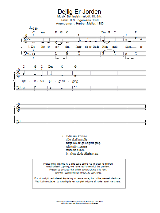 Traditional Dejlig Er Jorden sheet music notes and chords arranged for Piano Solo